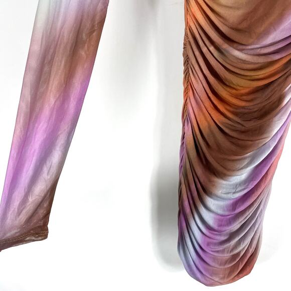 AFRM Maya Mesh Mini Dress Purple Motif Ruched Backless Long Sleeve Bodycon Sz XS - Picture 8 of 16